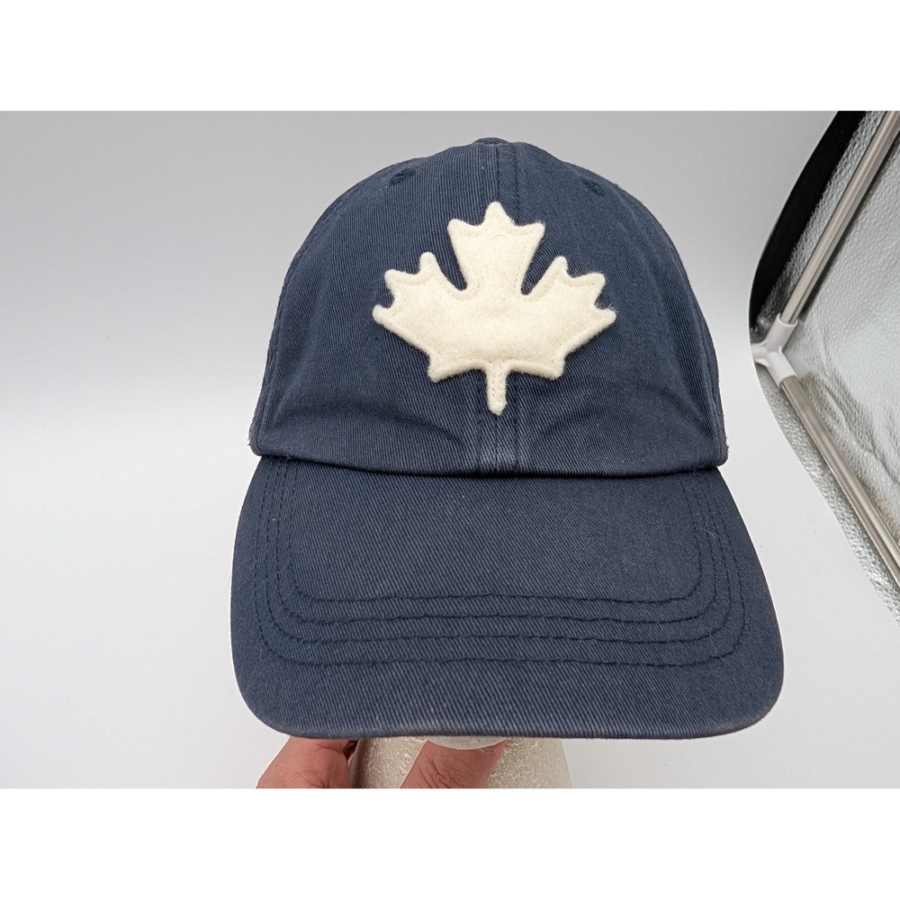 Roots Canada Navy Blue Maple Leaf Felt Patch Baseball Cap Leather Strap Hat